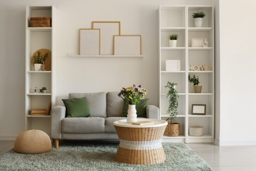 Cozy sofa and vase with wild flowers on coffee table in living room